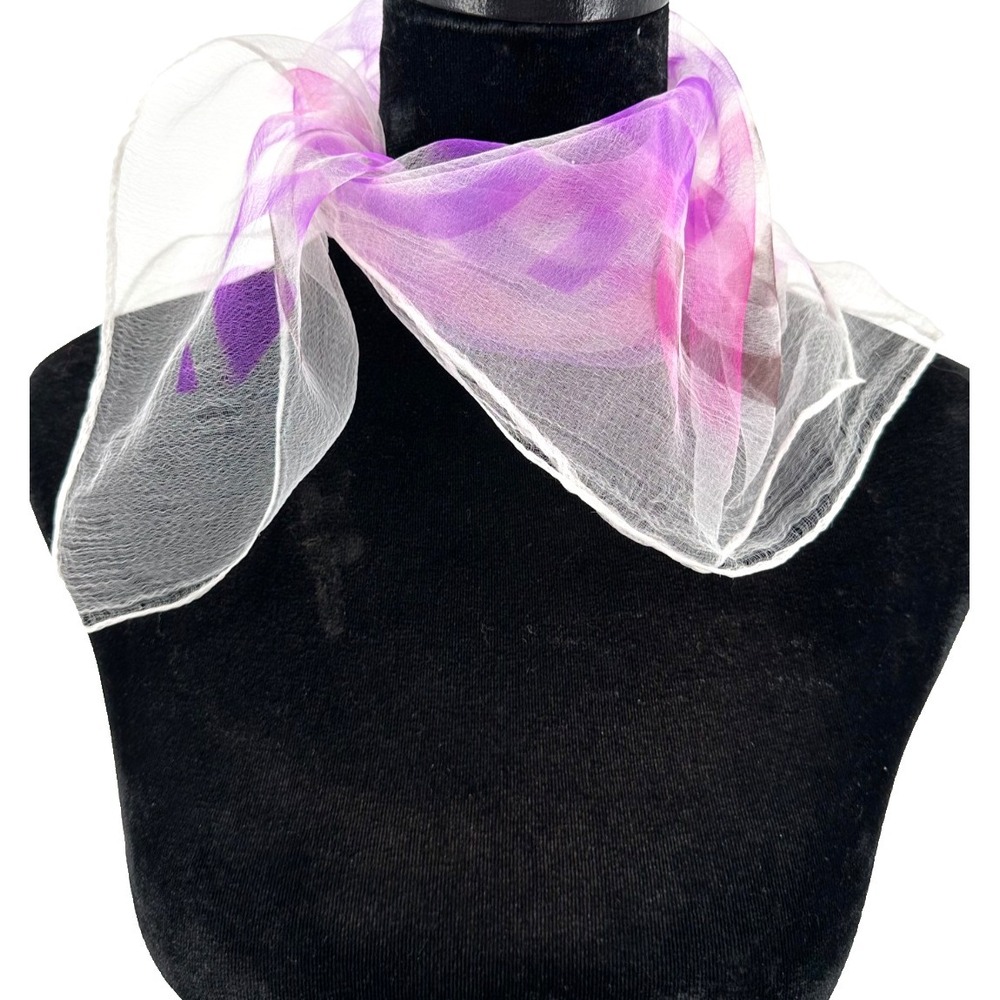 Retro Womens White Geometric Purple Swirl Square‎ Sheer Chiffon Scarf